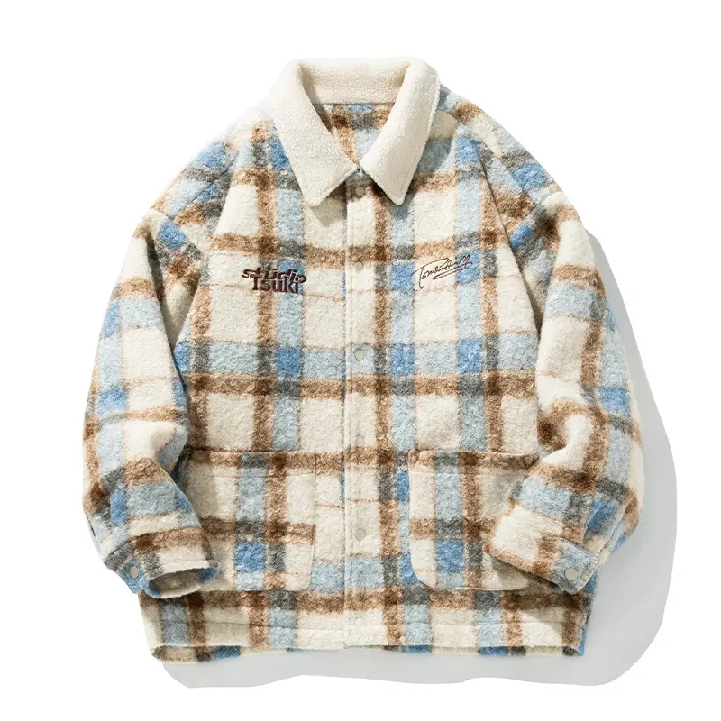 Unisex Kuschelige Teddy-Fleece-Hemdjacke im Karodesign mit Druckknopfleiste und aufgesetzten Taschen Drune