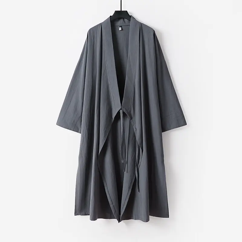 Unisex Langer Kimono-Mantel aus leichtem Baumwollmix mit drapierter Front und Bindeschlaufe Drune