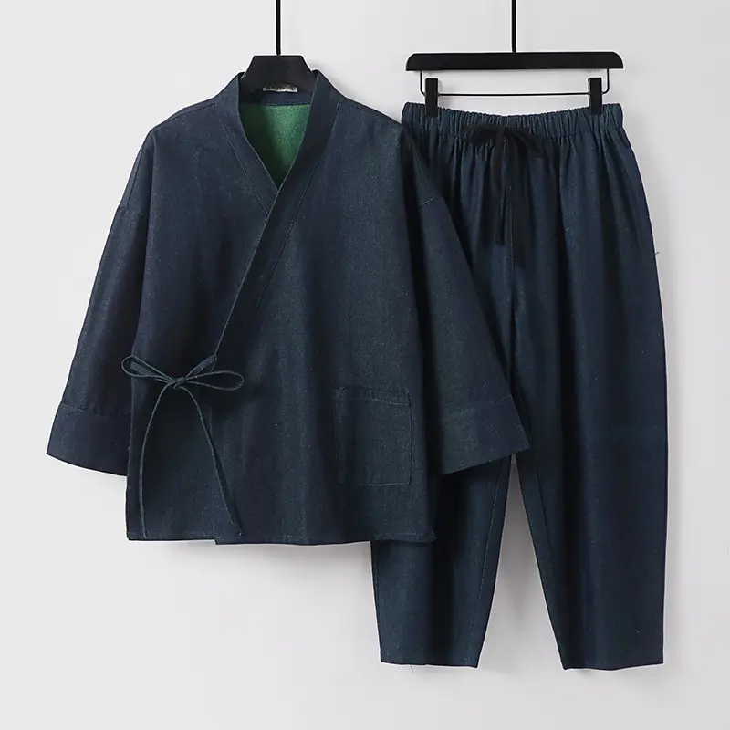 Unisex Lässiges Denim-Kimono-Set mit kurzarm Jacke, Bindeband und elastischer Bundhose Drune