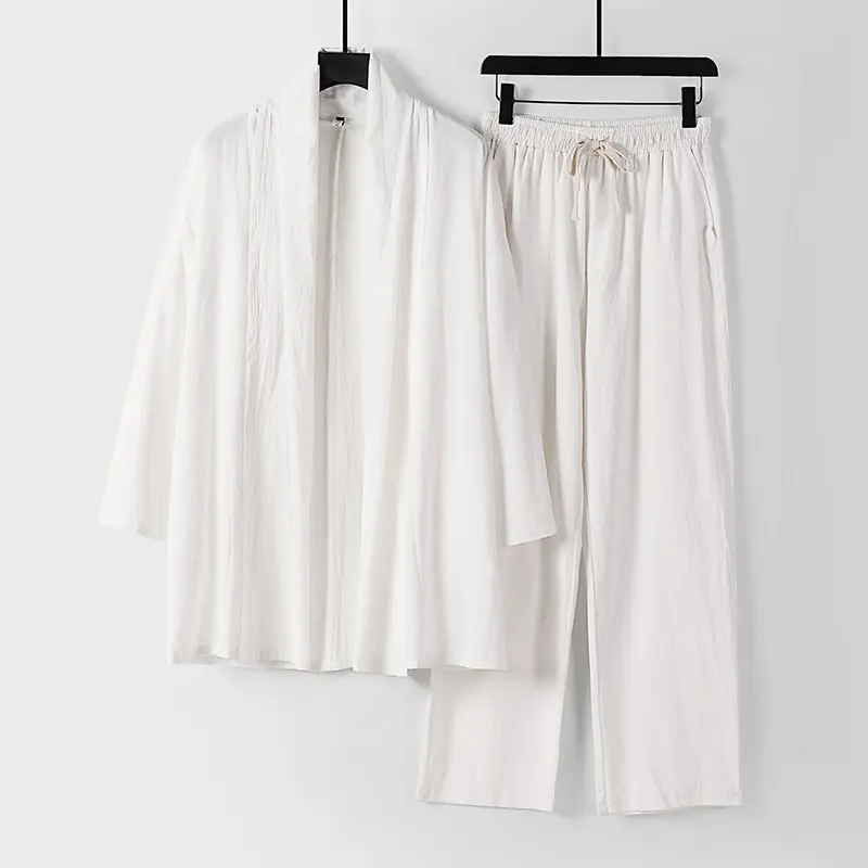 Unisex Lässiges Kimono-Zweiteiler aus atmungsaktivem Leinen-Viskose mit offenem Schalkragen und Kordelbundhose Drune