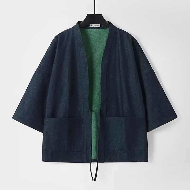 Unisex Leichte Denim-Kimono-Jacke mit kontrastfutter und Bindeband Drune
