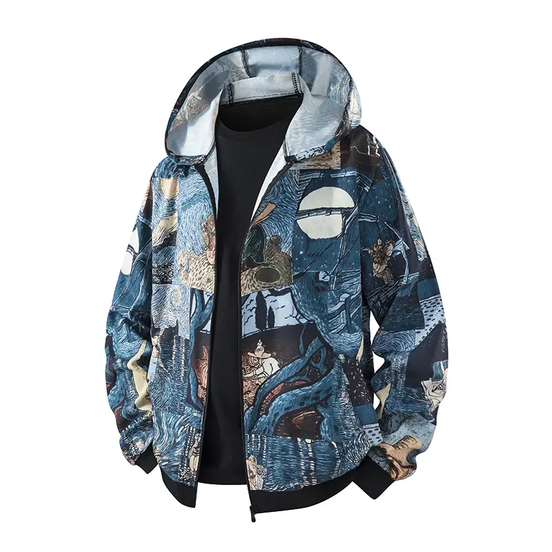 Unisex Leichte Kapuzenjacke im Ethno-Print mit durchgehendem Reißverschluss Drune
