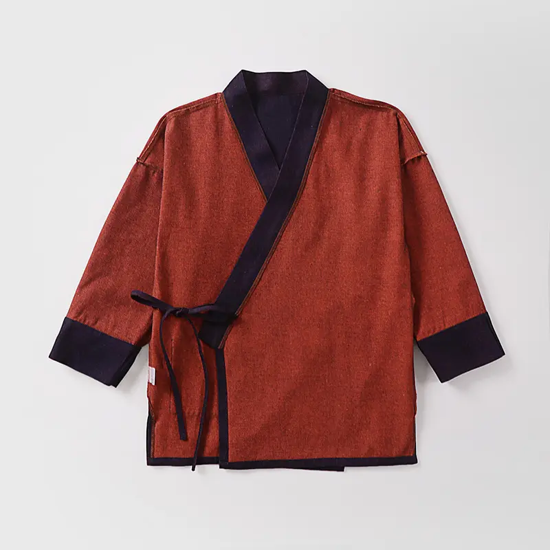 Unisex Leichte Wickel-Kimono-Jacke aus Leinen-Baumwollmix mit Kontrastbesatz und Bindegürtel Drune