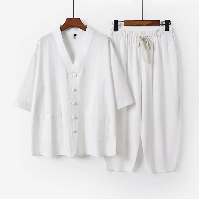 Unisex Leichtes Kimono-Lounge-Set aus Baumwoll-Leinen mit Kurzarmjacke und Kordelbund-Hose Drune