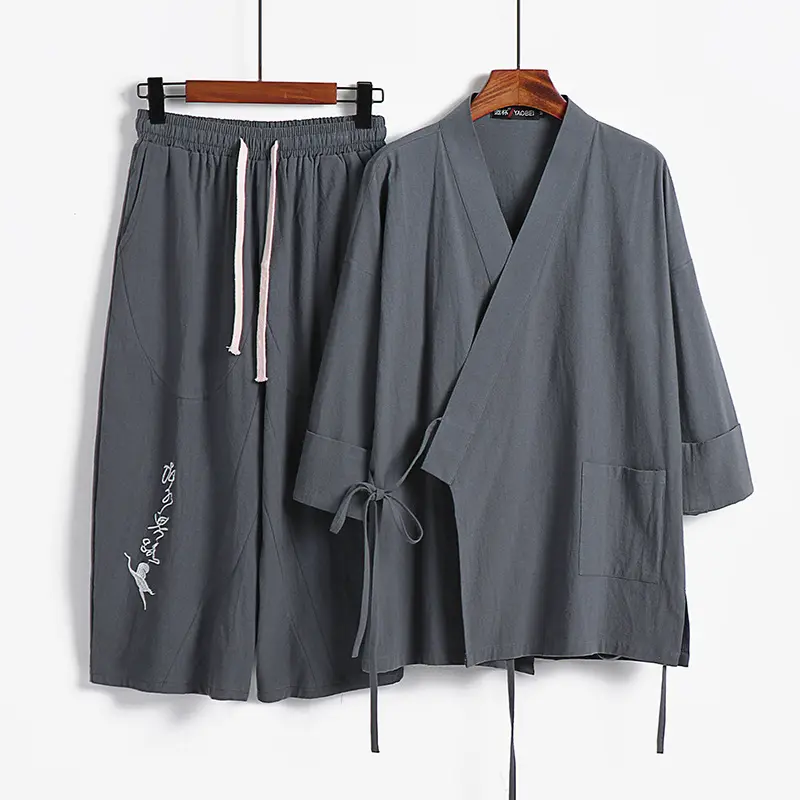 Unisex Leichtes Kimono-Loungewear-Set aus Baumwoll-Leinen mit bestickter Haremshose und Bindegürtel Drune