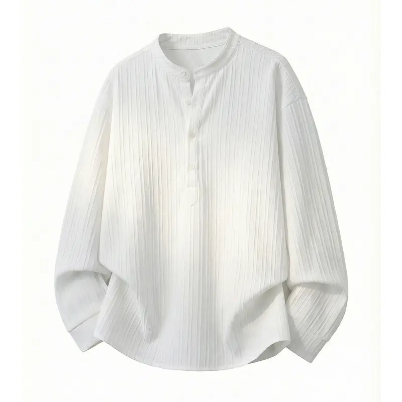 Unisex Leichtes Langarmshirt mit Stehkragen und Rippstruktur-Henley Drune