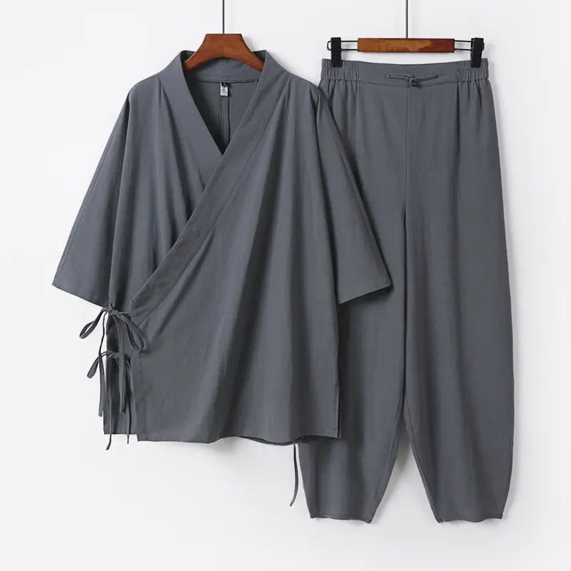 Unisex Leichtes Wickel-Lounge-Set im Kimono-Stil mit seitlichen Bindebändern und elastischer konisch zulaufender Hose Drune
