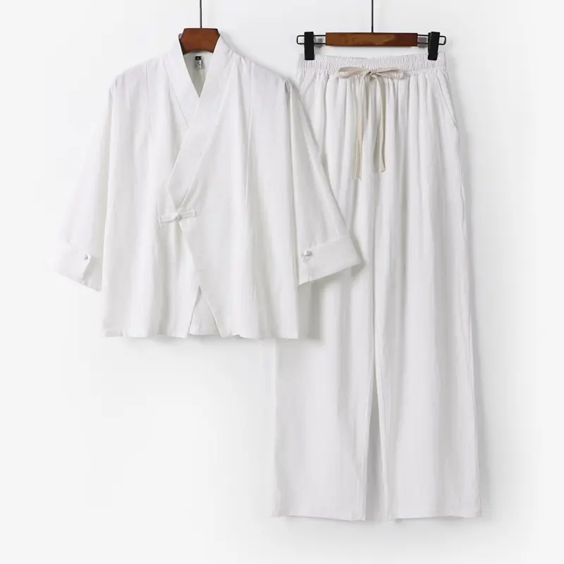 Unisex Leichtes Zen-Lounge-Set im Kimono-Stil mit überschnittener Schulter verdeckter Knotenleiste und elastischer Tunnelzughose Drune