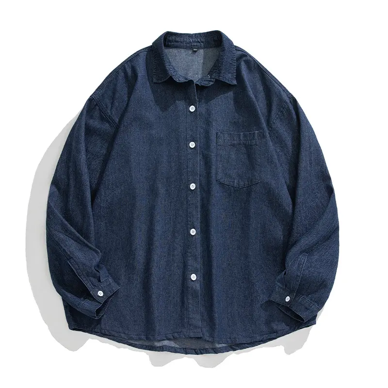 Unisex Locker geschnittenes Denim-Hemd mit Brusttasche und abgerundetem Saum Drune