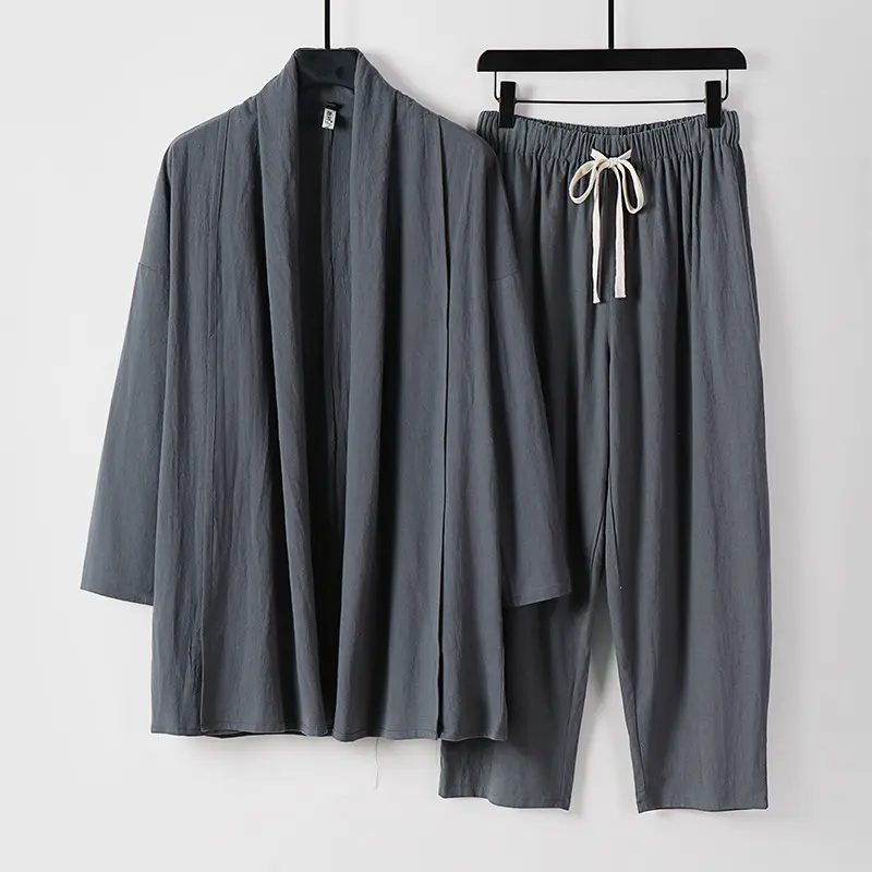 Unisex Lockeres Kimono-Lounge-Set aus leichter Baumwollmischung mit Schalkragen und Kordelbundhose Drune