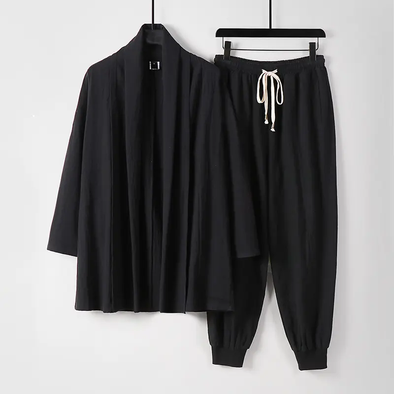 Unisex Luftiges Freizeit-Set im Kimono-Stil mit Schalkragenjacke und konisch zulaufender Joggerhose Drune