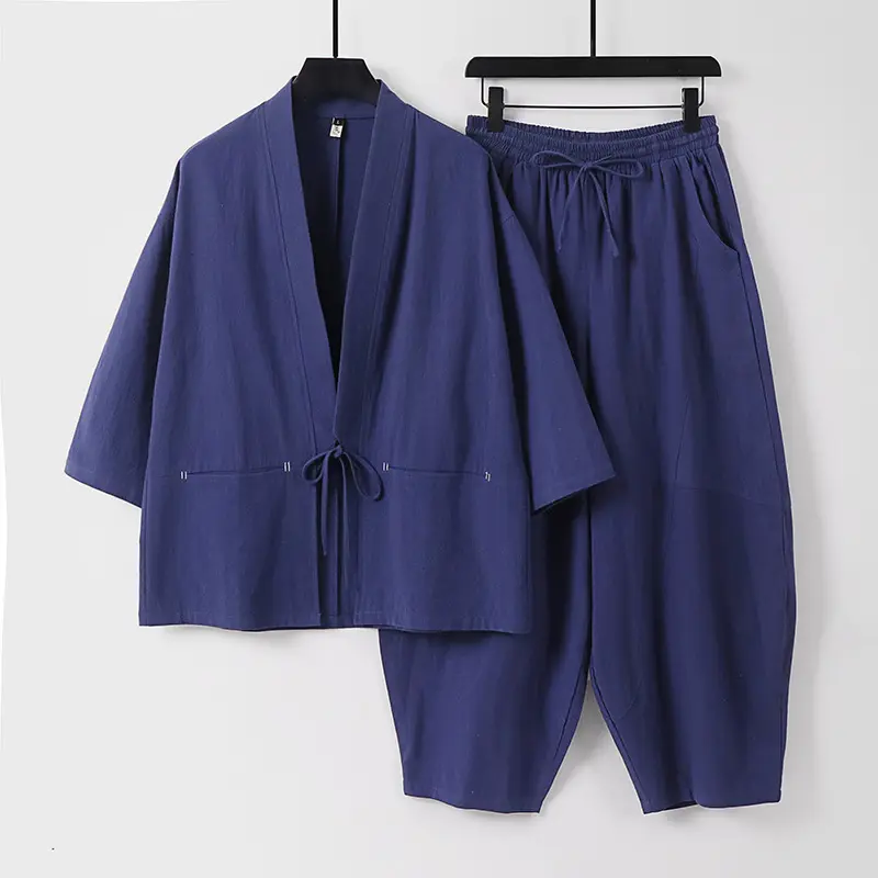Unisex Modernes Kimono-Lounge-Set aus weichem Baumwollmix mit Kurzjacke, Tunnelzug-Hose und gerafften Knöcheln Drune