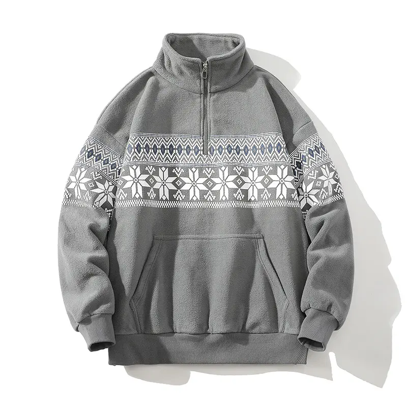 Unisex Norwegermuster-Fleecejacke mit Stehkragen, durchgehendem Reißverschluss und Kordelzug Drune