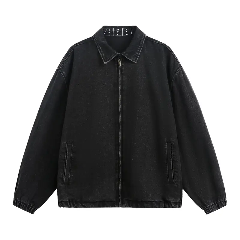Unisex Oversize Denim-Übergangsjacke mit verdecktem Frontreißverschluss, Hemdkragen und elastischem Saum Drune
