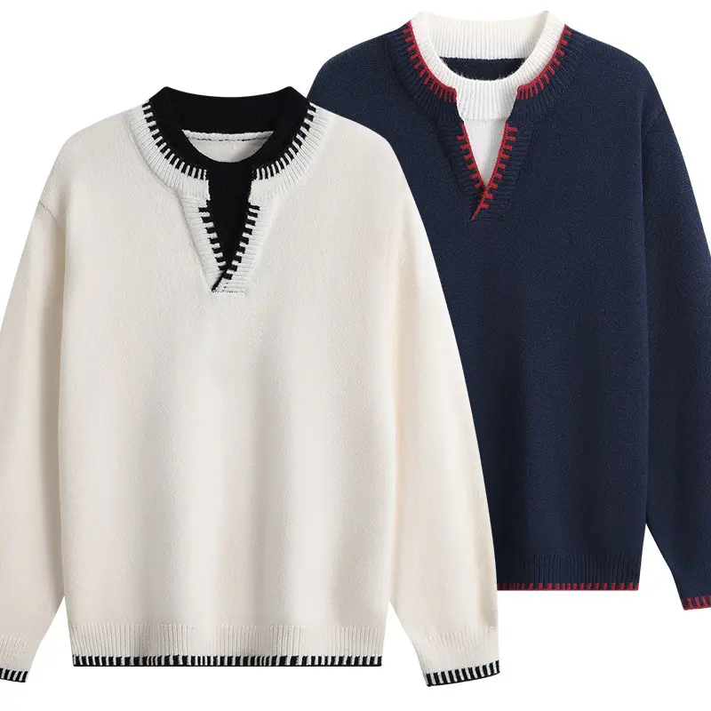 Unisex Oversize-Feinstrickpullover mit V-Notch & kontrastiertem Rippenkragen Drune