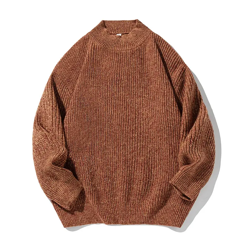 Unisex Oversize Grobgestrickter Pullover mit geripptem Stehkragen und Chenille‑Melange Drune
