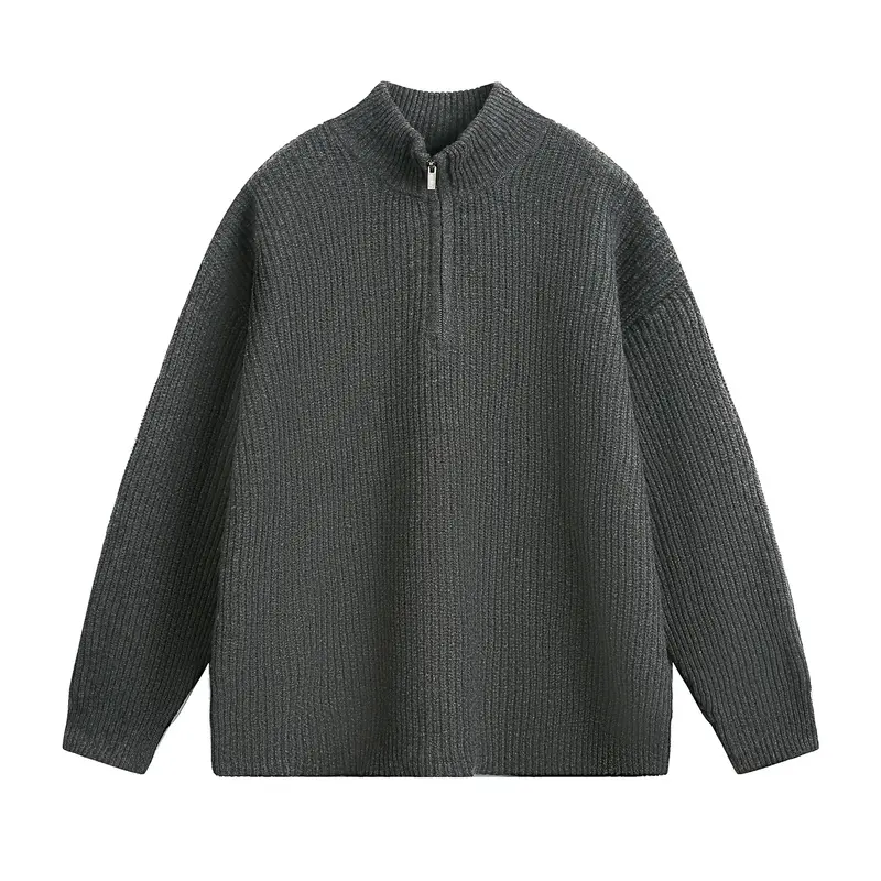 Unisex Oversize Grobstrickpullover mit Halbreißverschluss und Stehkragen Drune