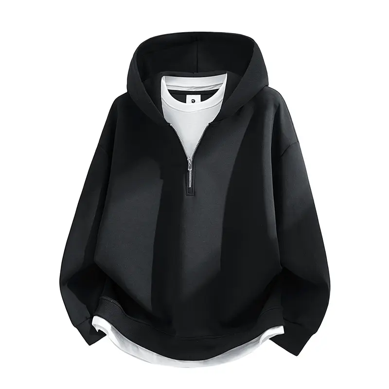 Unisex Oversize-Halbzip-Kapuzenpullover mit Lagen‑Optik, gerundetem Saum & gerippten Bündchen Drune