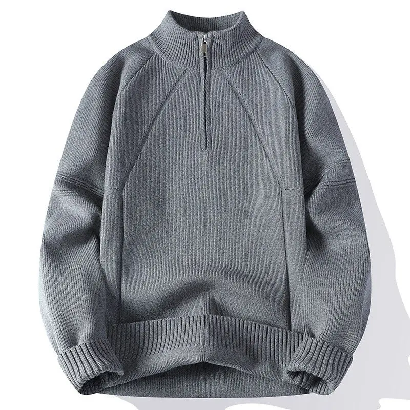 Unisex Oversize-Halbzip-Strickpullover mit Stehkragen und gerippten Bündchen Drune