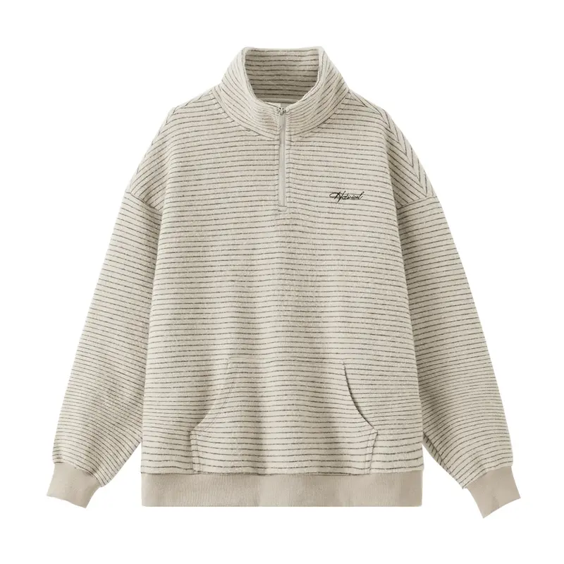 Unisex Oversize-Halbzip-Sweatshirt im feinen Streifen-Frottée mit Stehkragen und Kängurutasche Drune