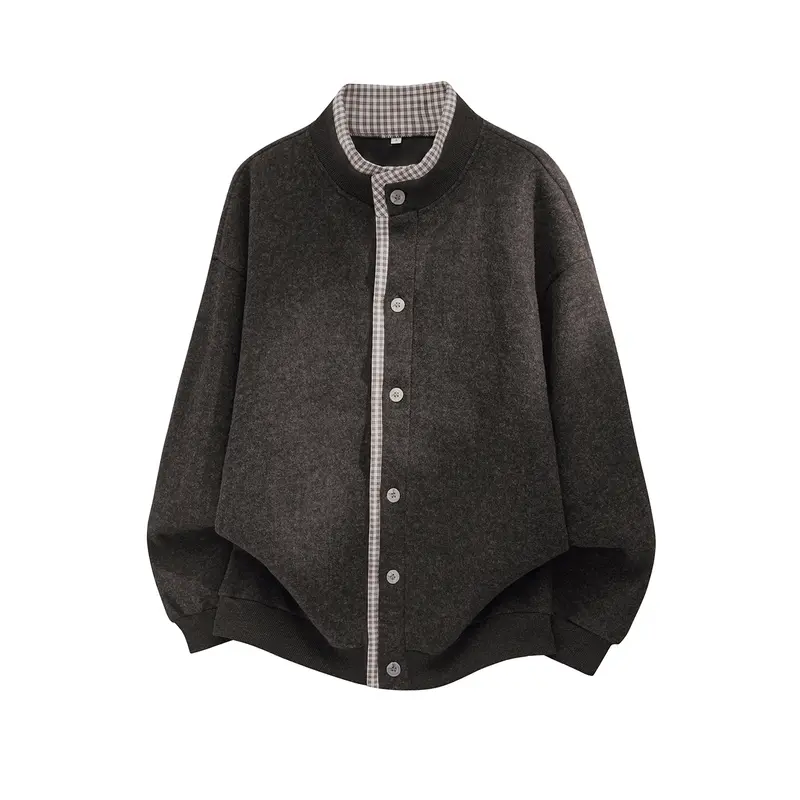 Unisex Oversize Hemdblousonjacke aus Wollmix mit Knopfleiste und kariertem Innenkragen Drune