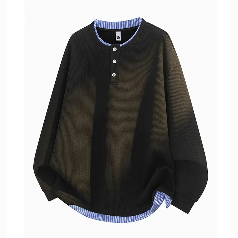 Unisex Oversize Henley-Langarmshirt mit Rippenstruktur und Einsatzlayer Drune