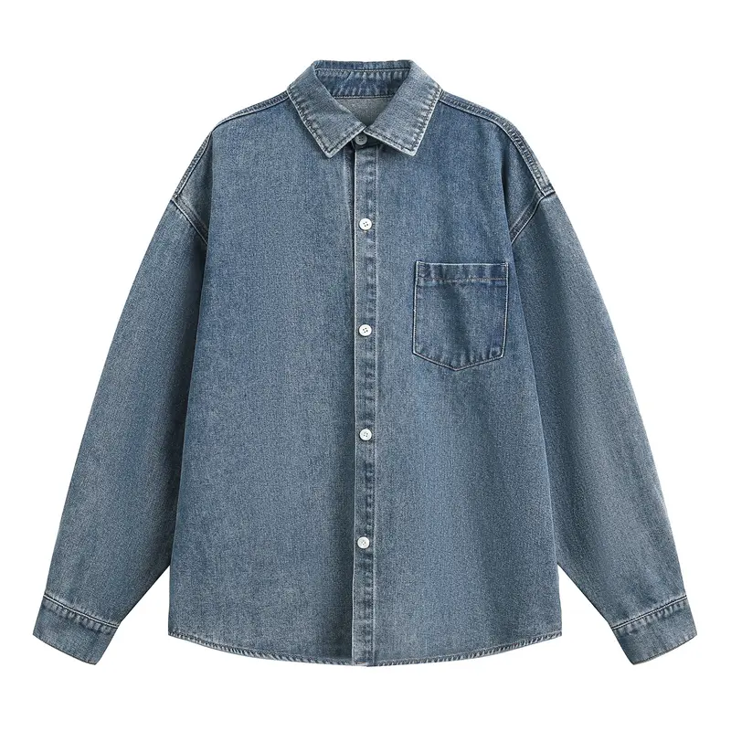 Unisex Oversize Jeanshemdjacke mit Brusttasche und kastigem Schnitt Drune