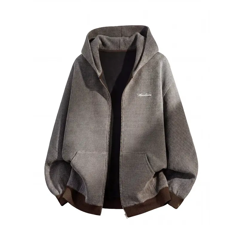 Unisex Oversize Kapuzen-Zipperjacke mit Hahnentrittstruktur und Rippbündchen Drune