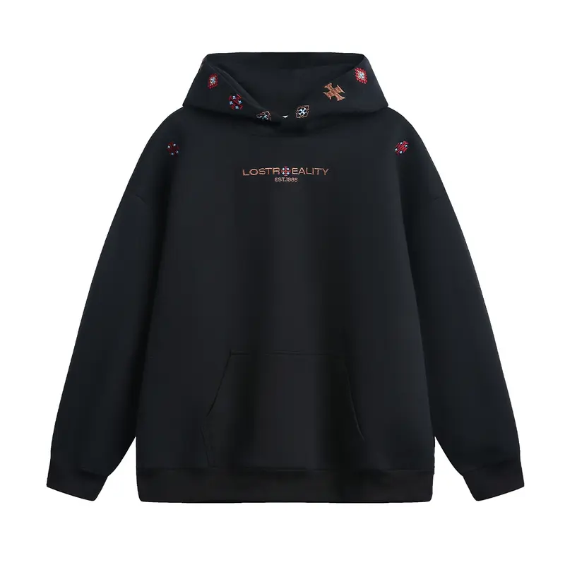 Unisex Oversize Kapuzenpullover mit feiner Logo- und Motivstickerei sowie Kängurutasche Drune