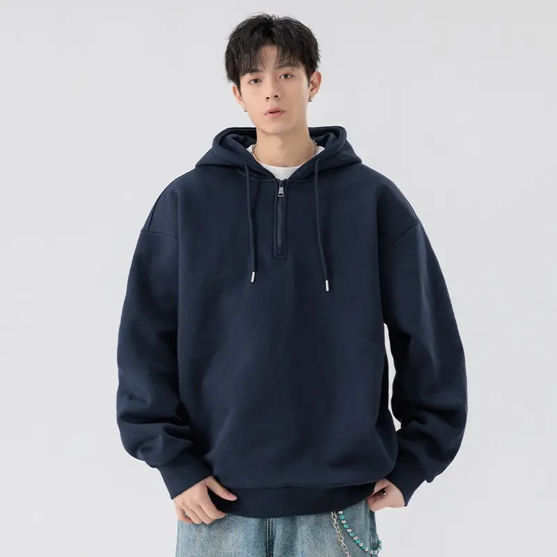 Unisex Oversize Kapuzenpullover mit Halbzip, Fleece-Innenfutter und geripptem Saum Drune