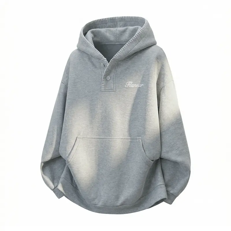 Unisex Oversize Kapuzenpullover mit Kängurutasche, halber Knopfleiste und Ziernaht Drune