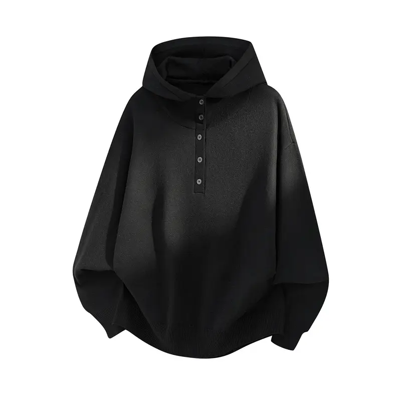 Unisex Oversize Kapuzenpullover mit Knopfleiste und weitem Funnelkragen Drune
