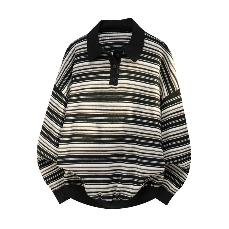 Unisex Oversize-Polo-Strickpullover mit feinem Streifenmuster und halber Knopfleiste Drune