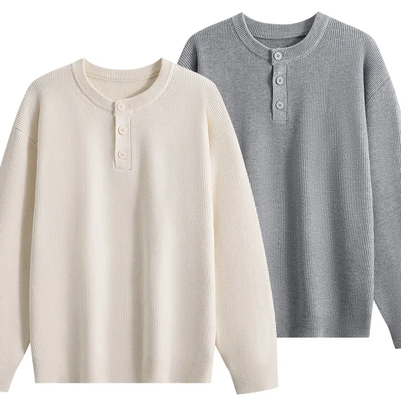Unisex Oversize Rippstrick-Henley-Pullover mit 3‑Knopf-Leiste Drune