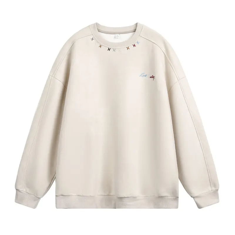 Unisex Oversize Rundhals-Sweatshirt mit bunter Kragenstickerei und Drop-Shoulder Drune