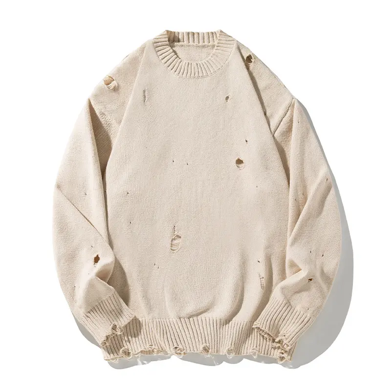 Unisex Oversize Strickpullover im Destroyed‑Look mit Rundhalsausschnitt, Grobstrick und geripptem Saum Drune