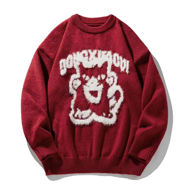 Unisex Oversize‑Strickpullover mit dreidimensionalem Flauschmotiv Katze und geripptem Saum Drune