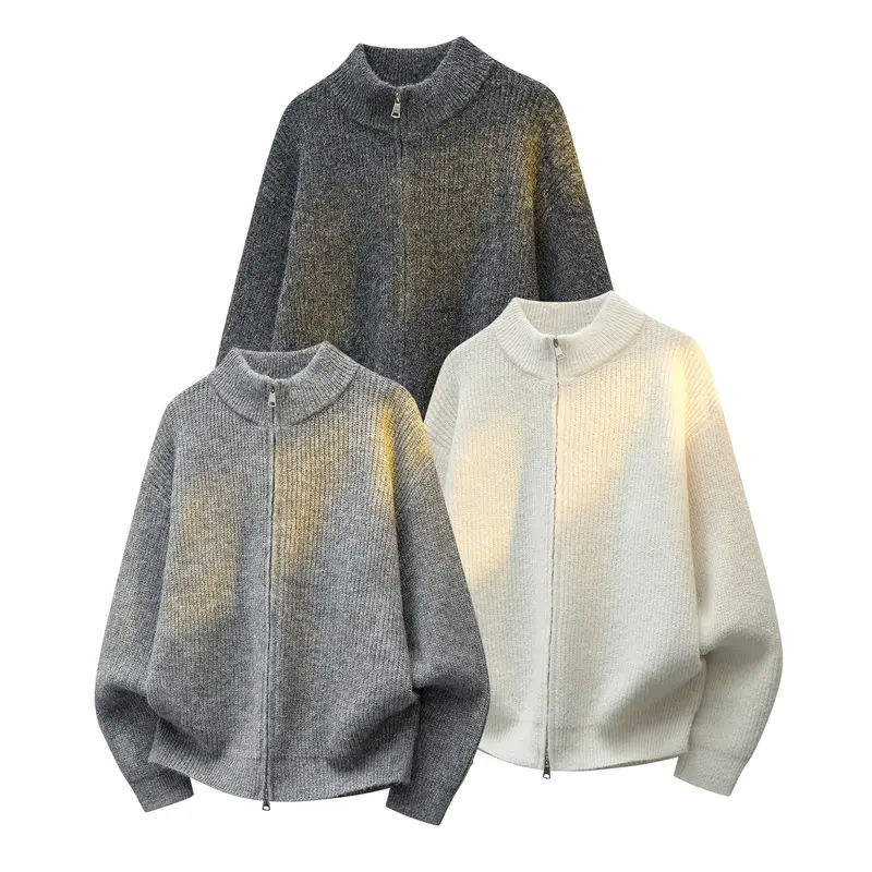 Unisex Oversize Strukturstrick-Halbzip-Cardigan mit Stehkragen & Zwei-Wege-Reißverschluss Drune