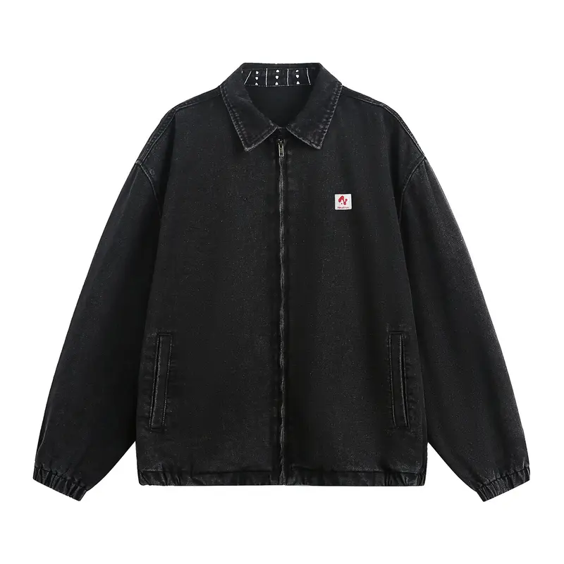 Unisex Oversize Vintage-wash Denim-Jacke mit Kentkragen, Reißverschluss und elastischem Saum Drune