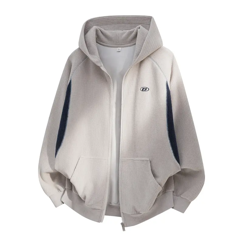Unisex Oversize Waffelstrick-Kapuzenjacke mit durchgehendem Reißverschluss und Kängurutaschen Drune