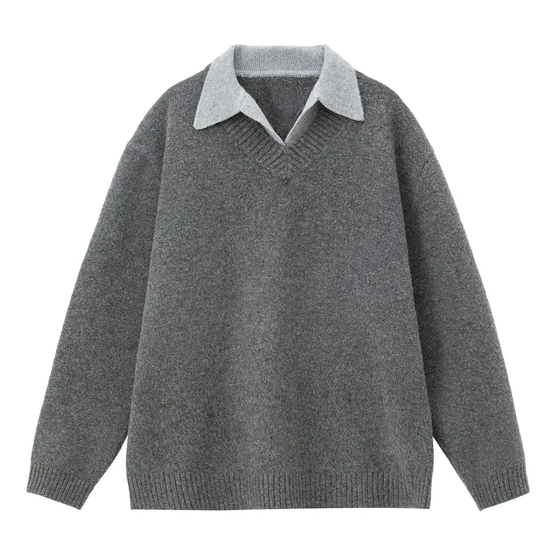 Unisex Oversize Wollmix-Strickpullover mit kontrastierendem Hemdkragen Drune