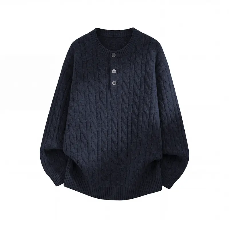 Unisex Oversize Zopfmuster-Strickpullover mit Henley-Knopfleiste Drune