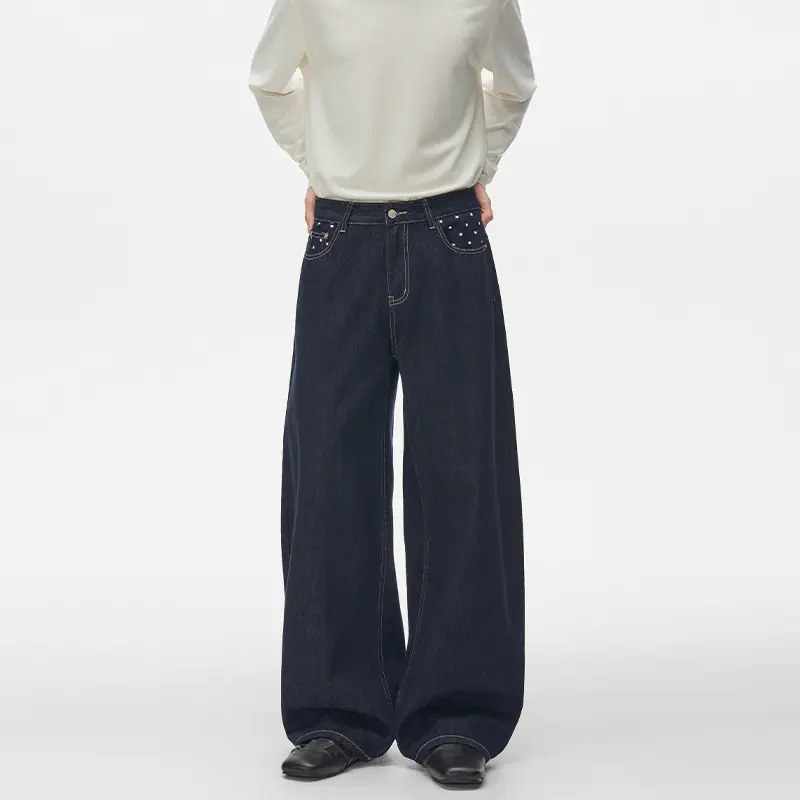 Unisex Ultraweite Palazzodenim-Hose mit Nietenbesetzten Eingrifftaschen und bodenlangem Saum Drune