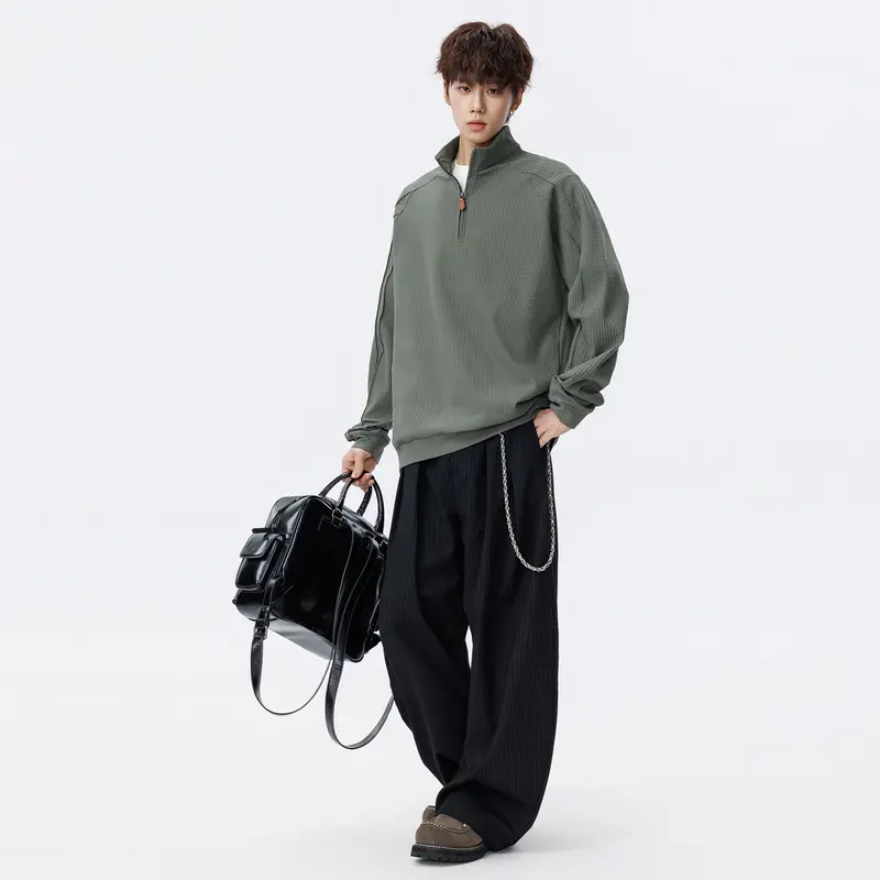 Unisex Waffelstruktur-Halbzip-Pullover mit Stehkragen und Oversized-Schnitt Drune