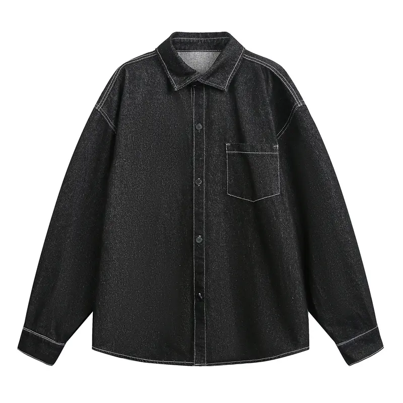 Unisex Weit geschnittene Jeanshemdjacke aus Denim mit Kontrastnähten und aufgesetzter Brusttasche Drune