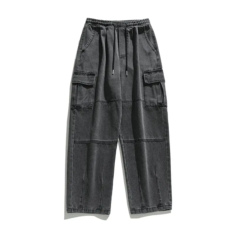 Unisex Weite Cargo-Jeanshose mit elastischem Bund, Tunnelzug und Utility-Taschen Drune