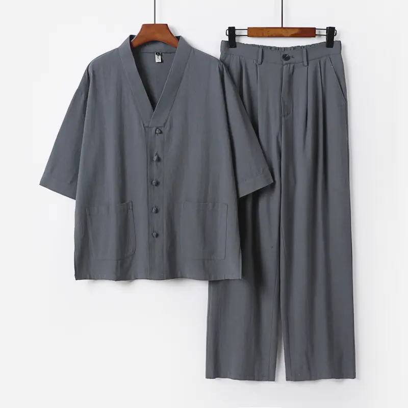 Unisex Zen-inspiriertes Relax-Set mit Kurzarm-Kimono-Oberteil, verdeckter Knopfleiste und elastischer Bundhose Drune