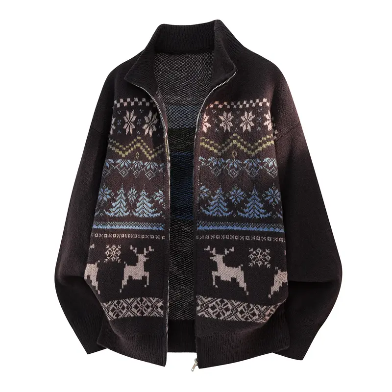 Unisex Zip-Strickjacke im Norwegerstil mit hohem Kragen und Kassettenmuster Drune