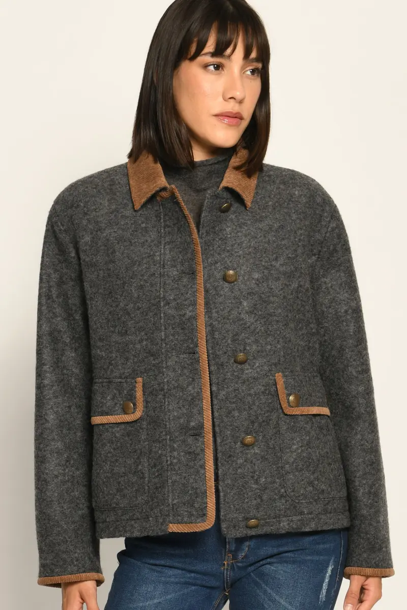 Wollkastenjacke mit Cordkragen